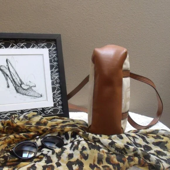 Vintage Etienne Aigner Mini Beige Fabric Faux Leather Trimmed Satchel - Picture 4 of 6